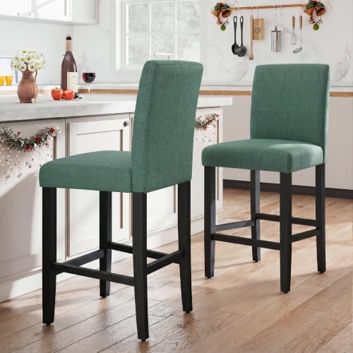 LSSPAID Counter Height Bar Stools Set of 2, 25 Inch Upholstered Fabric Barstools, Modern Kitchen Island Chairs with Backrest and Solid Wood Legs, Green by LSSPAID