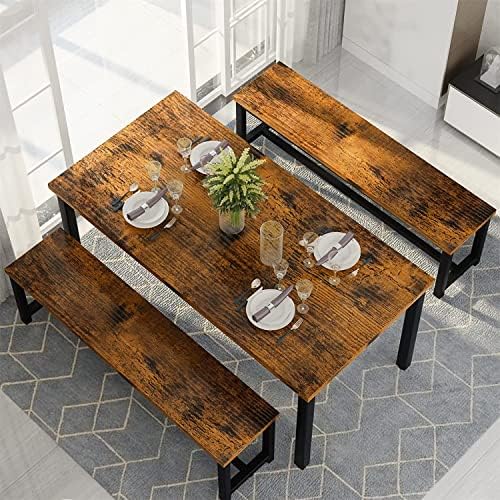 Dining Room Table Set with 2 Benches, Farmhouse Dining Table Set for 4-6, Wood Breakfast Table Set Dinner Table Set Kitchen Table and Chairs for Breakfast Nook Small Spaces, Brown - Image 3