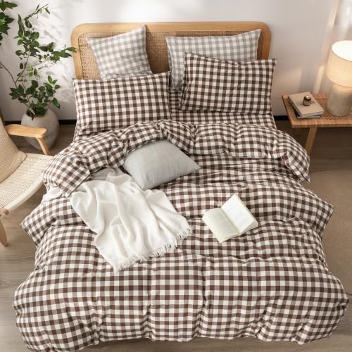 BESTOUCH Gingham Cotton Duvet Cover Set Cocoa Brown Full - Image 3