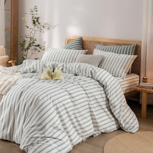 BESTOUCH Striped Cotton Duvet Cover Set Linen Feel King - Image 6