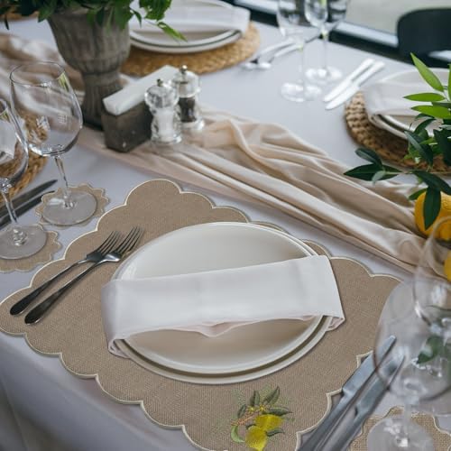 Set of 12 Lemon Cotton Linen Placemats Coaster, 12 x 17 Heat Resistant Embroidery Scalloped Placemats, 4" Summer Kitchen Coaster Double Layered Rustic Dinner Table Decoration(Linen and White) - Image 5