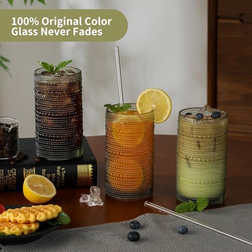 Vintage Hobnail Drinking Glasses Set of 12, 16 oz Large Capacity Embossed Green Tumblers, Highball Glasses for Water, Cocktail, Beer, Whiskey, Kitchen & Bar Use - Image 2