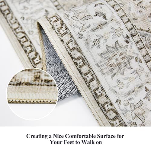 Hallway Washable Runner Rug - 2x10 Kitchen Rugs Entryway Rug Runner Vintage Soft Floor Mat Non Slip Indoor Farmhouse Carpet for Bathroom Living Room Bedroom (2 X 10, Beige) - Image 3