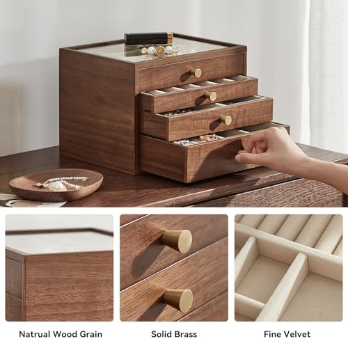 CHOSIN Black Walnut Jewelry Box for Women, 4-Layer Wooden Organizer with Glass Lid, for Watches, Necklaces, Rings & Earrings Storage Christmas Gifts - Image 5