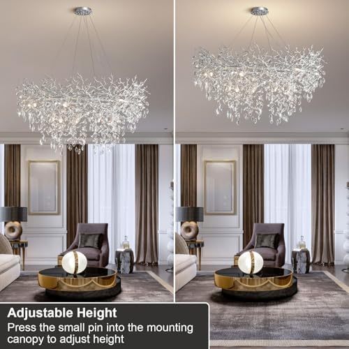 YUYI 47" Silver Tree Branch Chandelier, 14-Light Modern Crystal Chandelier, Round Chandeliers for Dining Room, Living Room, Foyer, Entryway, Kitchen, Bedroom, Luxury K9 Crystal Raindrop Fixture - Image 6