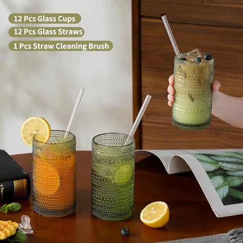 Vintage Hobnail Drinking Glasses Set of 12, 16 oz Large Capacity Embossed Green Tumblers, Highball Glasses for Water, Cocktail, Beer, Whiskey, Kitchen & Bar Use - Image 5