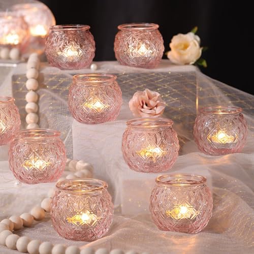 DARJEN 12 Pcs Pink Votive Candle Holders Round Glass Candle Holders by DARJEN