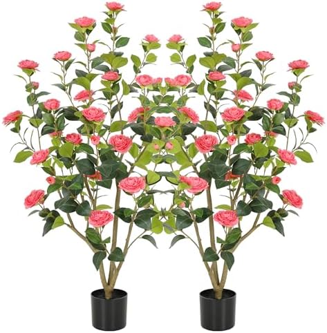 Nafresh 4FT Lush Artificial Pink Camellia Tree Outdoor 2 Pack, 48inch Faux Camellia Plant, Fake Camellia Flowers Tree for Indoor Outdoor Living Room Home Patio Front Door Garden Decor by Nafresh
