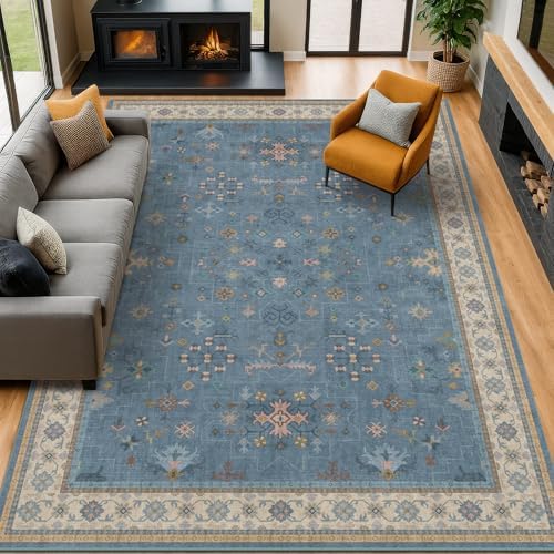 Hazo Haus Blue Big Rugs for Living Room - Dusty Blue 10x12 Area Rug for Large Bedroom, Dining Room, Washable Lightweight Foldable Floral Modern Home Décor by HazoHaus