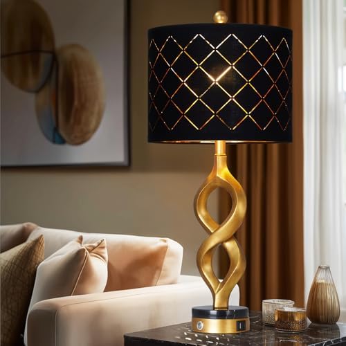 Cinyirong 30" Black and Gold Table Lamp for Living Room, Modern Touch Control Bedside Lamp for Bedroom, 3-Way Dimmable Sculptural Resin Nightstand Lamp with USB A+C Ports and 1 LED Bulb (1 Pack) - Image 3