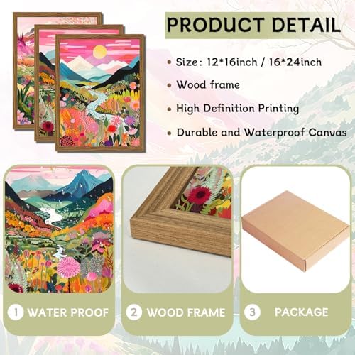 Boho Colorful Mountain Wall Art Set of 3, Abstract Watercolor Landscape Flower Wall Decor Paintings, Modern Nature Sunset Forest Posters Prints for Living Room, Bedroom 12x16 Inch Wood Framed - Image 3