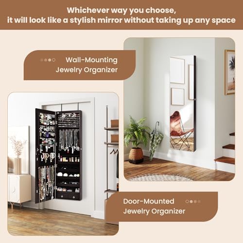 NAFORT 2 LEDs Mirror Jewelry Cabinet, 47.5-Inch Tall Wall or Door Mounted Jewelry Organizers and Storage with Frameless Full-length Mirror, Lockable Jewelry Armoire with 2 Drawers, Espresso - Image 6