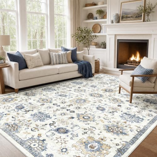 Amada Large 9x12 Washable Area Rug for Living Room, Blue/White, Vintage by AMADAHOMEFURNISHING