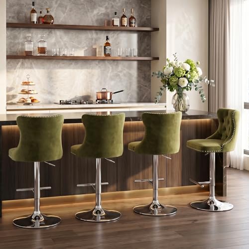SoarFlash Velvet Bar Stool Set of 4, Adjustable Swivel Bar Stools with Silver Plated Metal Leg, Button Tufted, Footrest, Chrome Nailhead, Pub Chair for Kitchen, Bar, Dining Room (Olive Green) - Image 4
