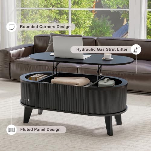 LYNCOHOME Fluted Lift Top Coffee Table with Storage,Modern Oval Coffee Table for Living Room or Home Office(Black) - Image 5