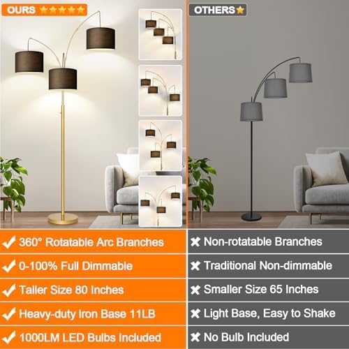 Dimmable Floor Lamp - 3 Lights Gold Arc Floor Lamps for Living Room, 1000LM Modern Tall Standing Lamp With Black Shades&Heavy Base, Mid Century Tree Floor Lamp for Bedroom Office, 3 LED Bulbs Included - Image 2