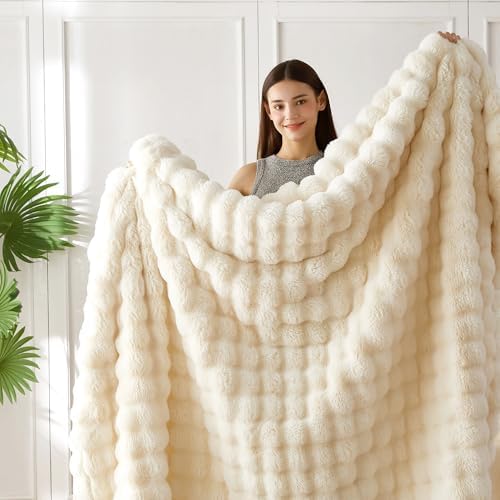 COOVA Soft Bubble Faux Fur Throw Blanket, 50"x60", Ivory White - Image 3