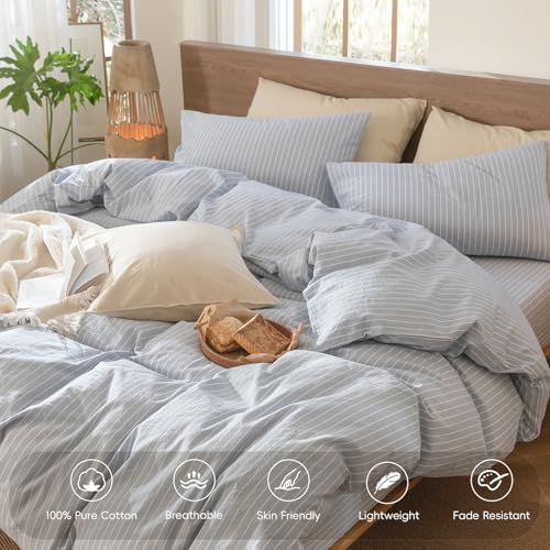 MooMee Striped Duvet Cover Set 100% Washed Cotton Linen Like Queen - Image 4