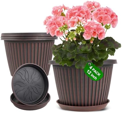Large-Planter-Indoor-Outdoor Plant Pots, 12 inch 4 Pack Plastic Flower Pots with Saucer And Drainage Holes, Modern Garden Planters For Planting Medium Large Plants， Decorative Resin Garden Pots by Myfeegoin
