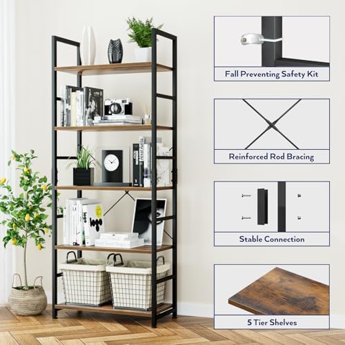 NUMENN 5 Tier Bookshelf, Tall Freestanding Open Storage Bookcase, Vintage - Image 5