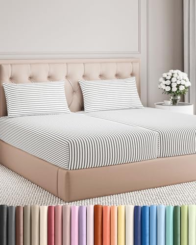 Split King Size 5 Piece Sheet Set - Breathable & Cooling - Grey Stripes by CGKUnlimited