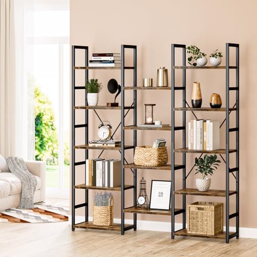 NUMENN Triple Column 5 Tier Bookshelf with 14 Adjustable Shelves, Vintage - Image 6