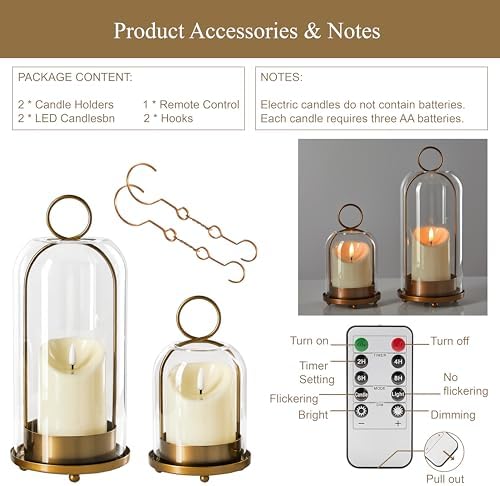 5"&4" Metal Candle Holder with Handmade Glass Dome in Brass & 2 Timer Candles, Set of 2 Versatile Hurricane Glass Candle Holders for Pillar Candles & Plants - Image 6