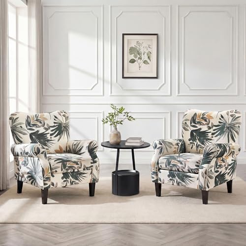 YOLENY Mid Century Wingback Arm Chair, Modern Upholstered Fabric High Back Accent Chair with Wood Legs, Upholstered Single Sofa Club Chair for Living Room, Bedroom, Home Office, Grey Green Leaves - Image 2