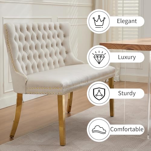 Beige Velvet Dining Bench with Back, Tufted Banquette Seating, Gold Legs - Image 5