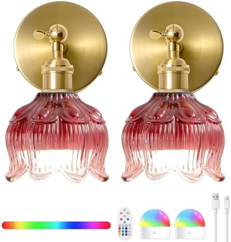 Vintage Battery Operated Wall Sconce: Set of 2 Red Flower Powered Sconces by BlesULuk