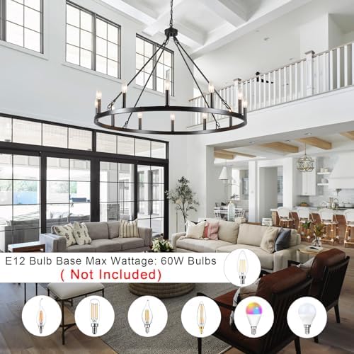 Wagon Wheel Chandelier 12 Light 38" Large Black Farmhouse Chandelier for Dining Room Rustic Country Pendant Light Fixtures Hanging Modern Round Chandeliers for Living Room High Ceilings Foyer Entryway - Image 4
