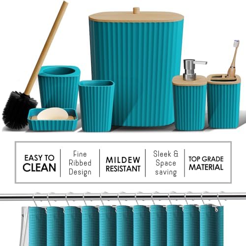 Clara Clark Bathroom Accessories Set - Bathroom Set with Adhesive Corner Shower Caddy Hanging, 25PC Bathroom Accessory Set, Teal Shower Curtain Set, Toilet Brush, Trash Can & Soap Dispenser - Image 4