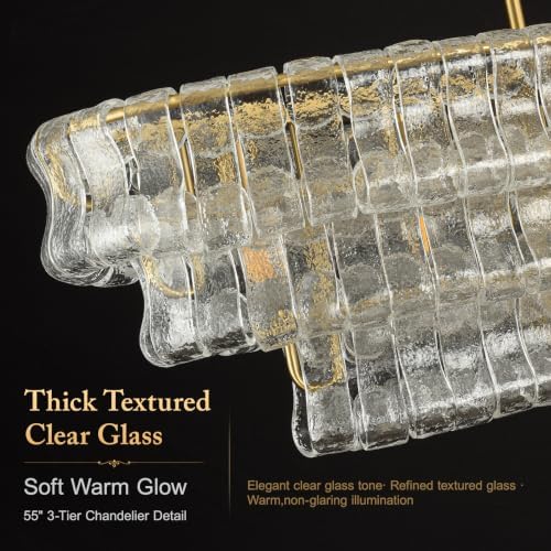 Large Rectangular Chandelier for Dining Room, Kitchen Island & Dining Table, Modern Luxury Brass Glass Pendant Light Fixture - Image 3