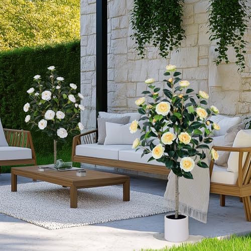 Yepdin 47 inch Artificial Camellia Tree with White Flower Pots - 2 Pack Yellow Tall Fake Plants,4 Ft Artificial Plants Indoor wich Blooming,Faux Plants Indoor for Outdoor Front Home Door - Image 2
