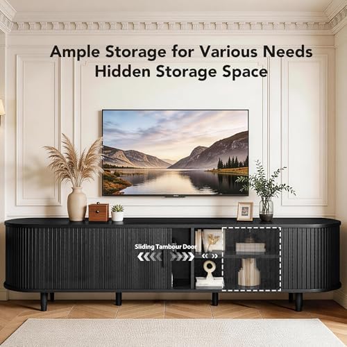 MXV 70" TV Stand with Sliding Doors for Living Room, Mid Century Modern Entertainment Center, TV Console with Fluted Door Cabinets and Power Outlet, Black - Image 2