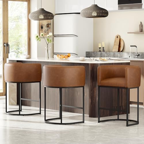 26" H Counter Height Bar Stools Set of 3, Modern Barrel Counter Stools with Backrest and Arms, Faux Leather Upholstered Accent Barstools for Kitchen Island,Support 450 LBS (Walnut Brown by VATROS