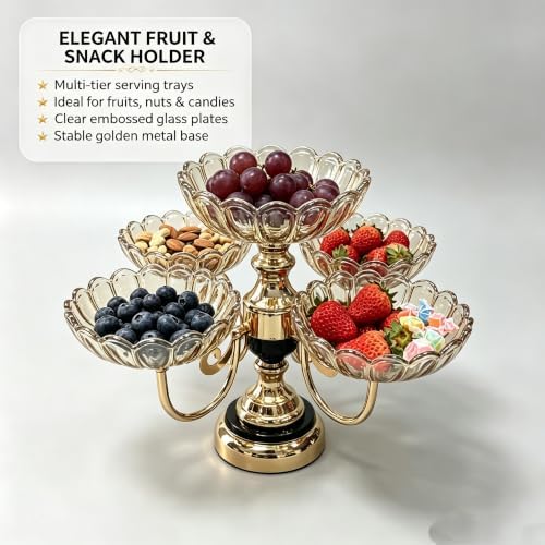 Rotatable 5 Plate Amber Electroplated Glass Fruit Serving Stand 1 Large Fixed Bowl 4 Rotatable Small Bowls Gold Metal Snack Tray Decorative Candy Nut Dessert Display for Dining Table Home Party Decor - Image 4