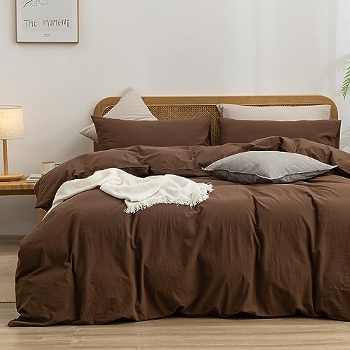 BESTOUCH Cotton Solid Duvet Cover Set Linen Feel Cocoa Brown Twin by BESTOUCH