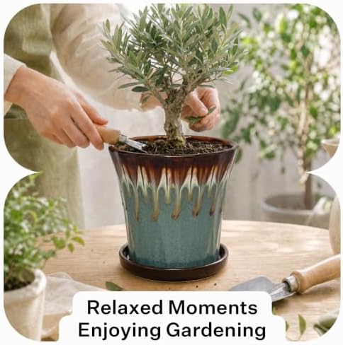 8.3 Inch Ceramic Planters with Drainage Hole and Saucer,Indoor Outdoor Large Flower Pots, Garden Pot for Plant Lovers (Drip Blue) - Image 5