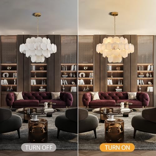 Natural Alabaster Round Chandelier, 31.5" Modern Marble Chandelier with 50 Stone Texture Panels, 12-Light Dimmable Spanish Alabaster Chandeliers for Living Room, Dining Room, Hallway - Image 3
