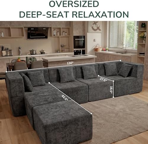 MONVANE Modular Sectional Cloud Couch for Living Room - 130'' 6 Seater Convertible Chenille Couches Set with Ottoman, No Assembly Compression Sofas, Comfy Floor Sofa with Memory Foam, Grey - Image 2