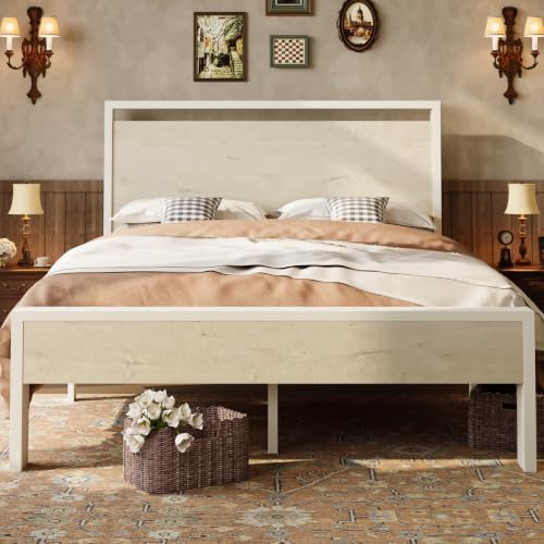 SHA CERLIN 14 Inch Full Metal Platform Bed Frame with Wooden Headboard and Footboard, No Box Spring Needed, Large Under Bed Storage, Heavy Duty Slats Support, White Washed Oak - Image 3