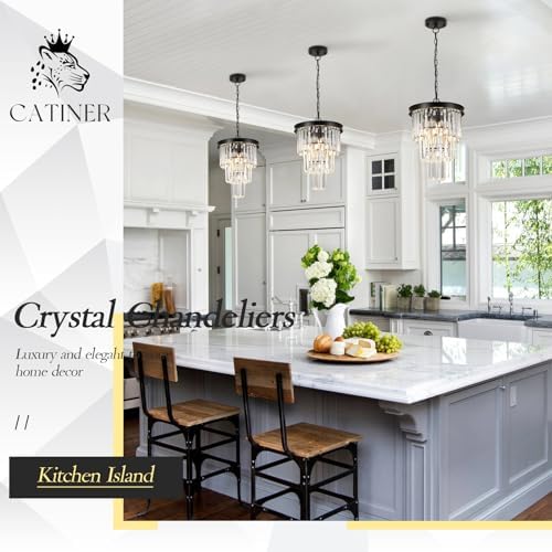 CATINER 12" Modern Crystal Chandeliers,3 Lights Black Round Light Fixture - Image 3