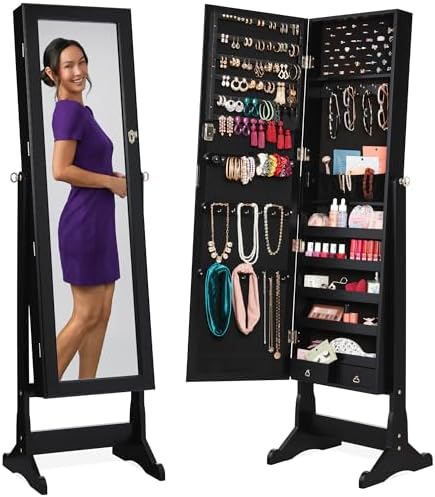 Best Choice Products Freestanding Jewelry Armoire Cabinet, Full Length Standing Mirror, Lockable Makeup Storage Organizer, w/Velvet Lining, 3 Angles, Lock, Accessory Pouch, 5 Shelves - Black by BestChoiceProducts