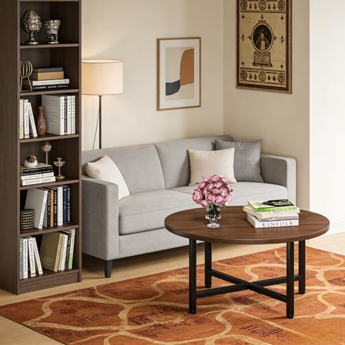 FAMIDGE Coffee Table, 23.6" Round Coffee Table, Walnut Living Room Tables - Image 2