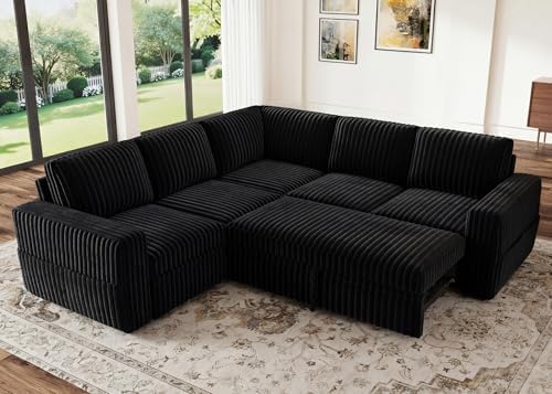 HONBAY Modular Sectional Sleeper Sofa with Pull Out Bed,Corduroy L Shaped Couch with Storage, Sectional Couches for Living Room,Black by HONBAY