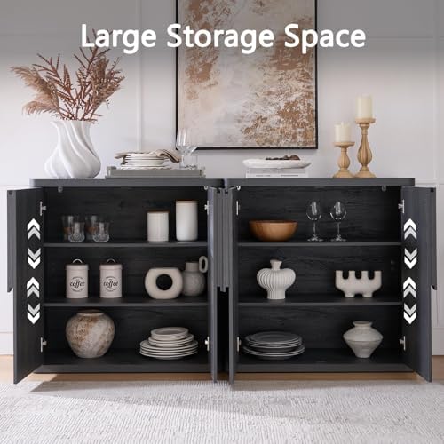 62.28'' Sideboard Buffet Cabinet W/Storage, Modern Accent Cabinets W/Curved Handles & Adjustable Shelves, 4 Doors Coffee Bar Buffet Table Credenza for Living Room Kitchen Hallway, Dark Grey - Image 4