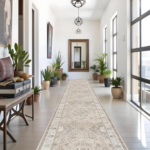 Washable Hallway 3x18 Runner Rug: Vintage Ultra Soft Non Slip Runner for Kitchen Entrance Indoor Farmhouse Long Carpet for Living Room Bathroom Low Pile Floor Mat for Bedroom Dining Room (3X18, Beige) - Image 5