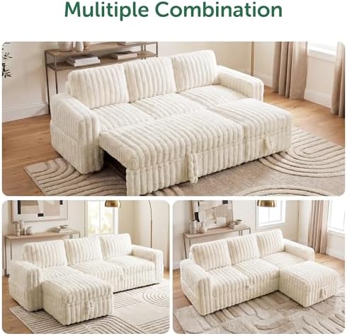 HONBAY Plush Corduroy Modular Sectional Sofa with Pull Out Bed L Shaped Sleeper Sofa with Storage Sectional Couches for Living Room,Plush Beige - Image 6