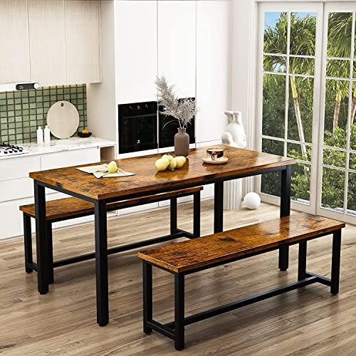 Dining Room Table Set with 2 Benches, Farmhouse Dining Table Set for 4-6, Wood Breakfast Table Set Dinner Table Set Kitchen Table and Chairs for Breakfast Nook Small Spaces, Brown - Image 2